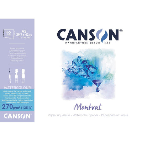 Canson - Carta per acquerello Montval, bianca a grana grossa 270 g/m², ft A3, blocco da 12 fogli