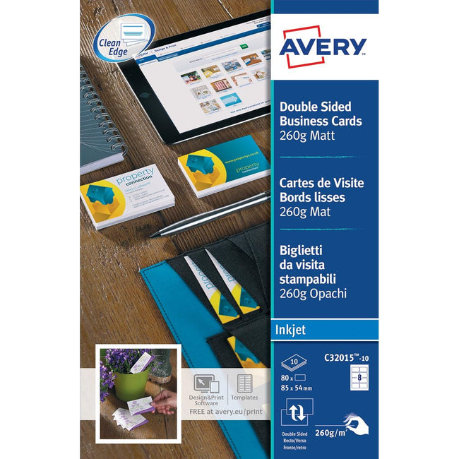 Avery - cartes de visite pour jet d'encre Quick Clean mat, 80 cartes, 260 g/m²