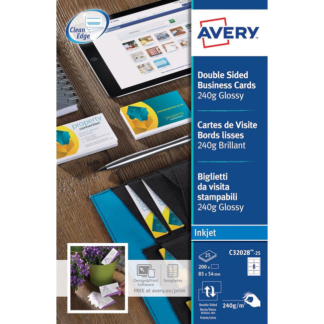 Avery - Cartes de visite Avery pour jet à jet rapide Clean Glossy, 200 billets, 250 g / m²