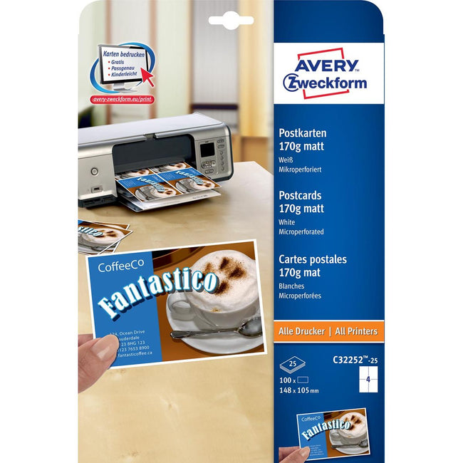 Avery Zweckform - postcard, 170 g/m², 4 per sheet, 100 pieces