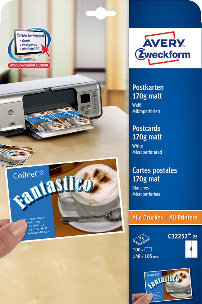 Avery Zweckform -  briefkaart, 170 g/m², 4 per blad, 100 stuks