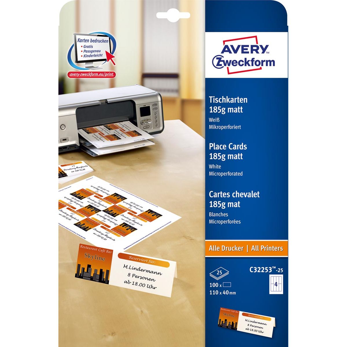 Avery Zweckform - printable name cards, box of 100 pieces (ft 110 x 40 mm)