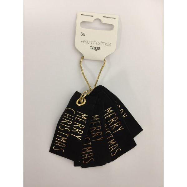 Vellu -   Merry Christmas zwart tags 6 stuks