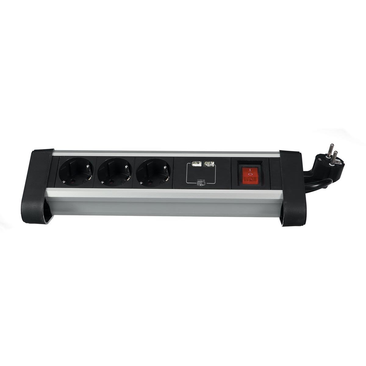 Perel - desktop socket with 3 sockets, 2 USB ports and switch, black, for Belgium