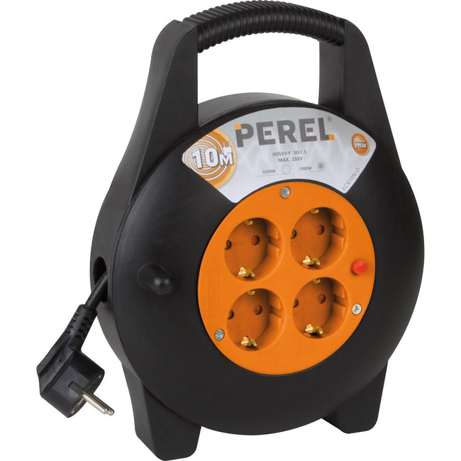 Perel -  kabelhaspel 3G1.5, met 4 stopcontacten, 10 m, geel en zwart