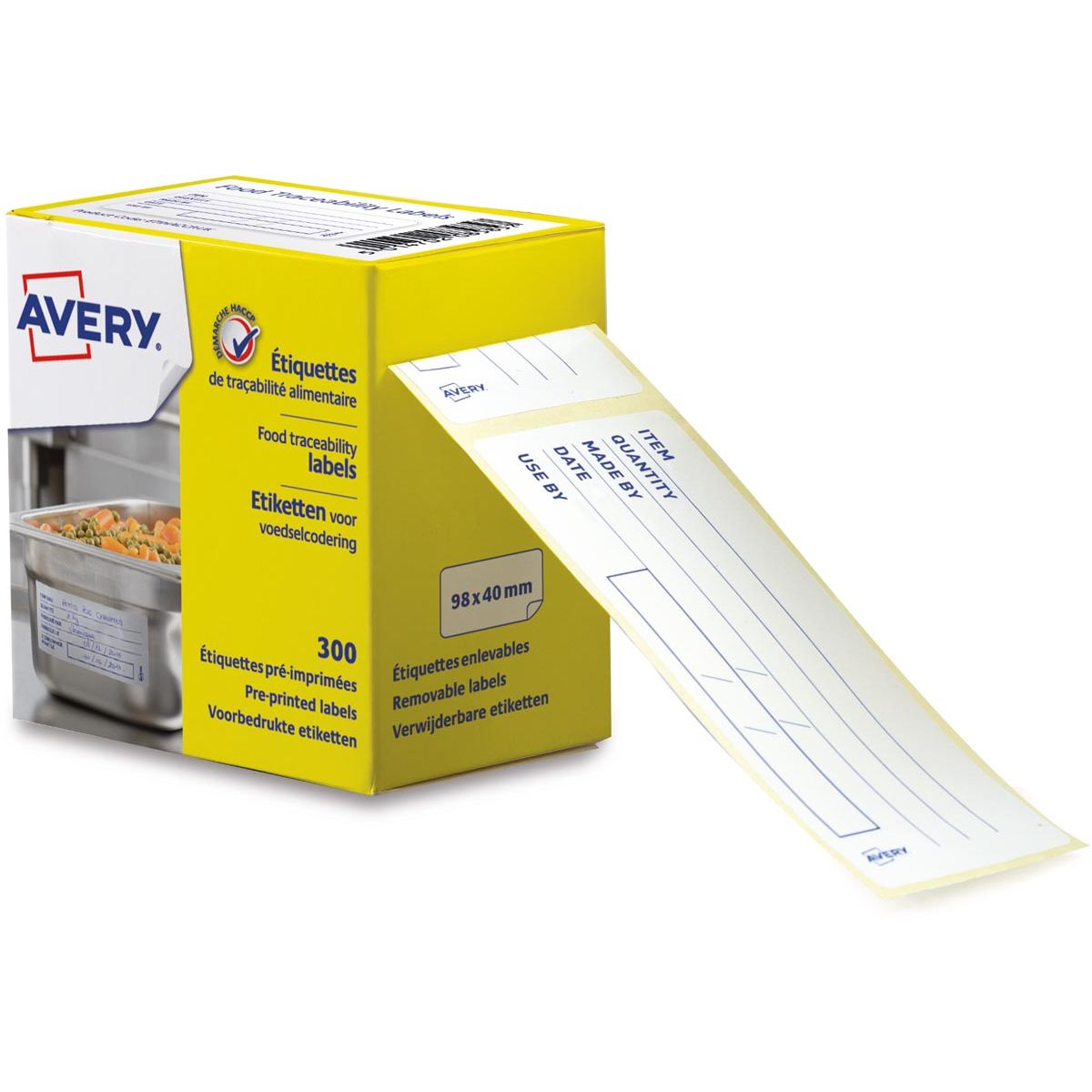Avery -  etiketten voedselcodering, HACCP, ft 98 x 40 mm, dispenser van 300 afscheurbare etiketten, Engels