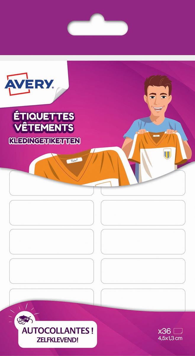 Avery - Étiquettes pour vêtements de famille, pi 4,5 x 1,3 cm, blanc, pochette à suspendre avec 36 étiquettes