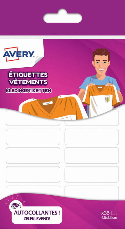 Avery - Étiquettes pour vêtements de famille, pi 4,5 x 1,3 cm, blanc, pochette à suspendre avec 36 étiquettes