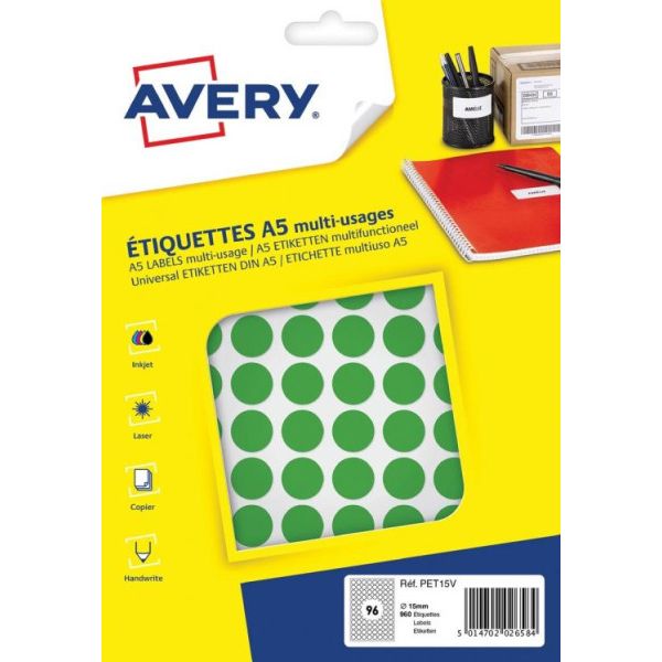 Etiket Avery A5 papier rond 15mm GROEN 960 stuks 96 per vel