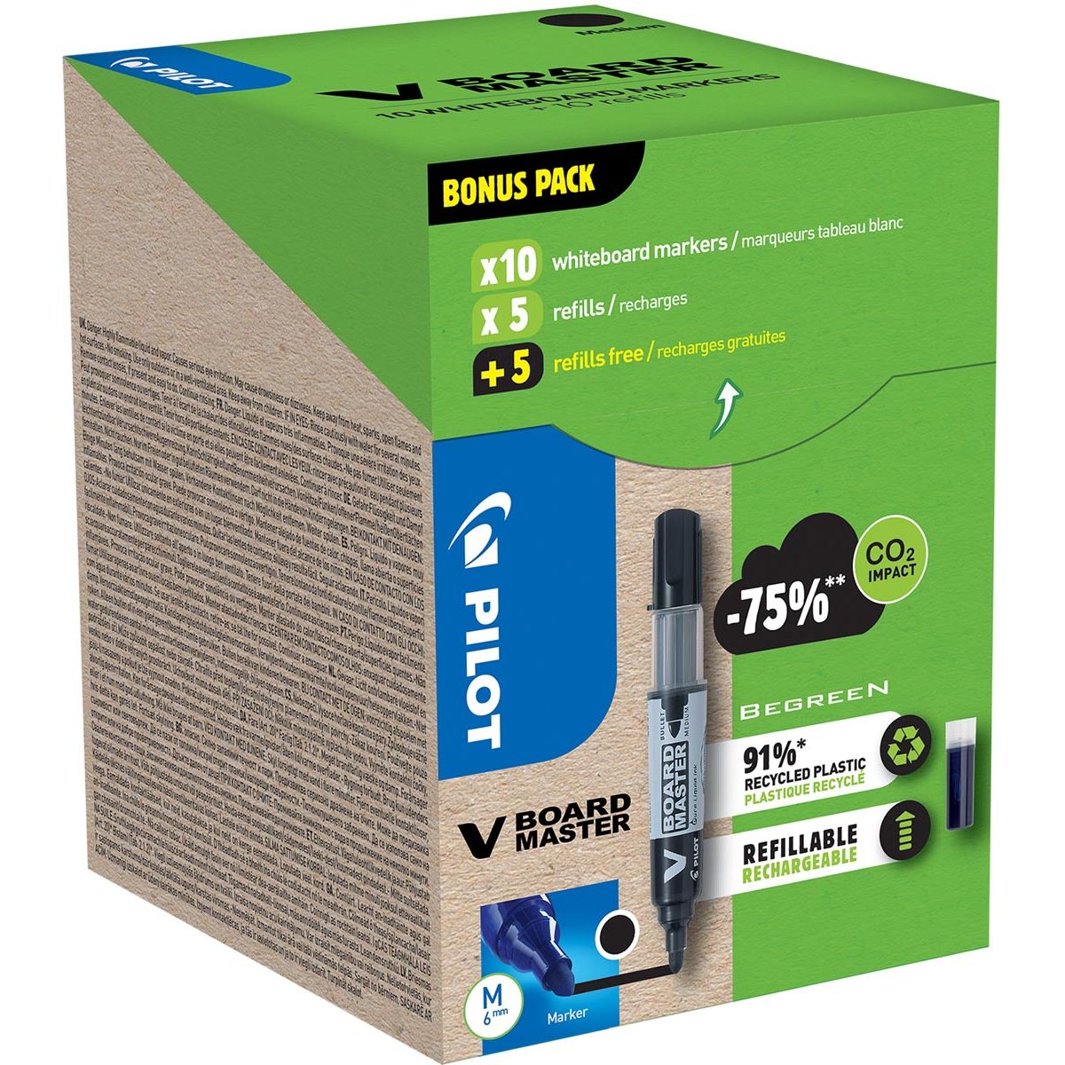 Pilot - Pennarello per lavagna bianca V-Board Master BeGreen, punta rotonda, 2,3 mm, 10 pezzi + 10 ricariche, nero