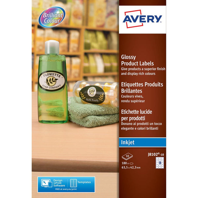 Avery - J8102-10 productetiketten ft 63,5 x 42,3 mm, gecoat, 180 etiketten, wit