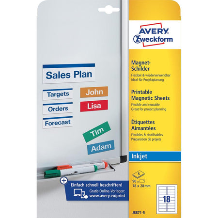 Avery Zweckform - Etiquetas magnéticas Zweckform, pies 78 x 28 mm, sin recubrimiento, 90 etiquetas, blanco