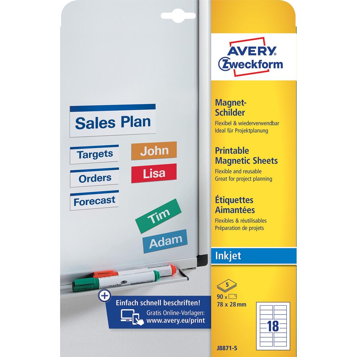 Avery Zweckform -  Zweckform magneetetiketten, ft 78 x 28 mm, zonder coating, 90 etiketten, wit