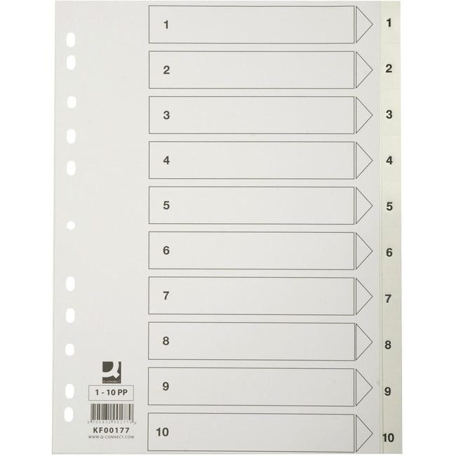 Q-CONNECT -   tabbladen, A4, PP, 11-gaatsperforatie,met indexblad, set van 1-10, wit