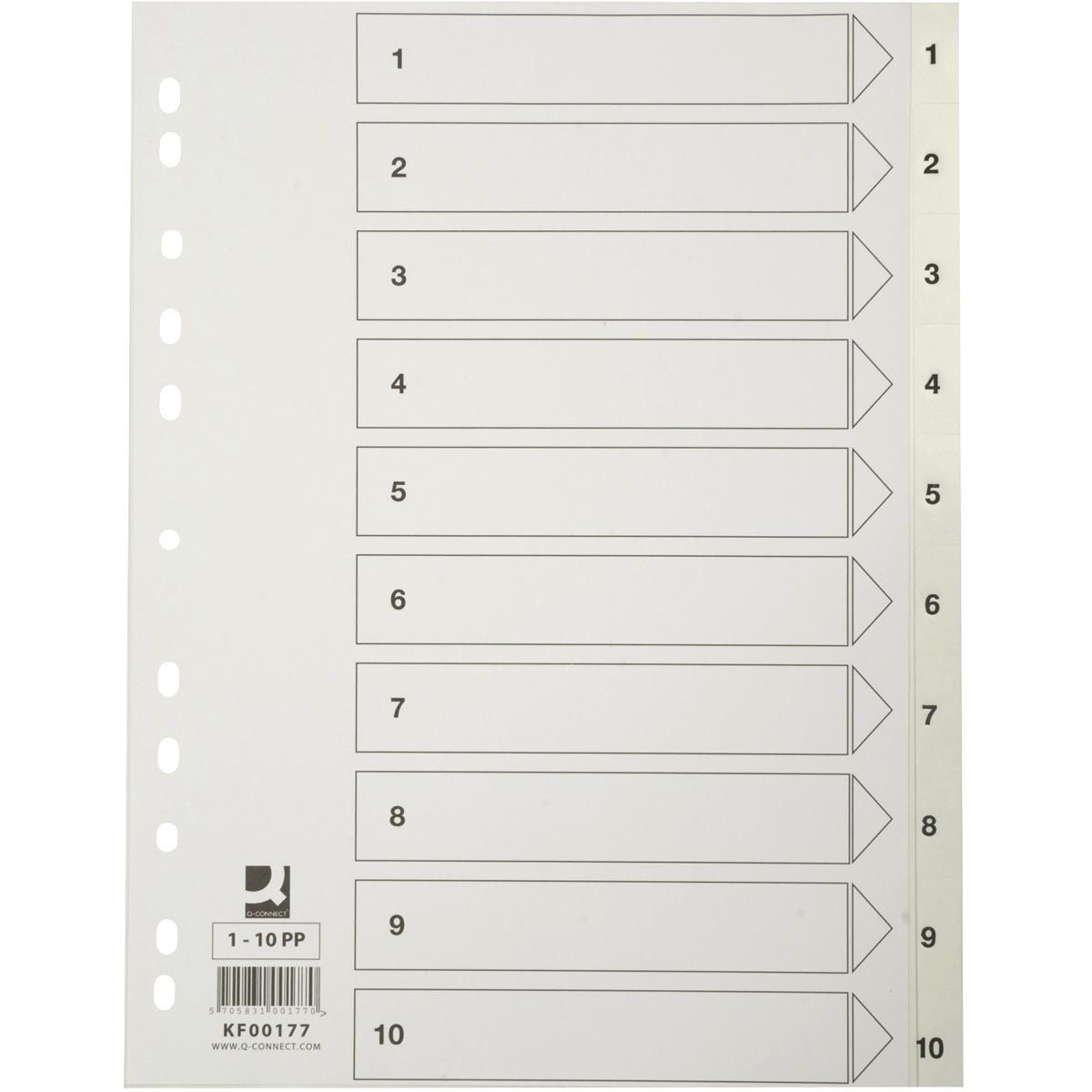 Q-CONNECT - onglets, A4, PP, perforation 11 trous, avec feuille d'index, jeu de 1-10, blanc