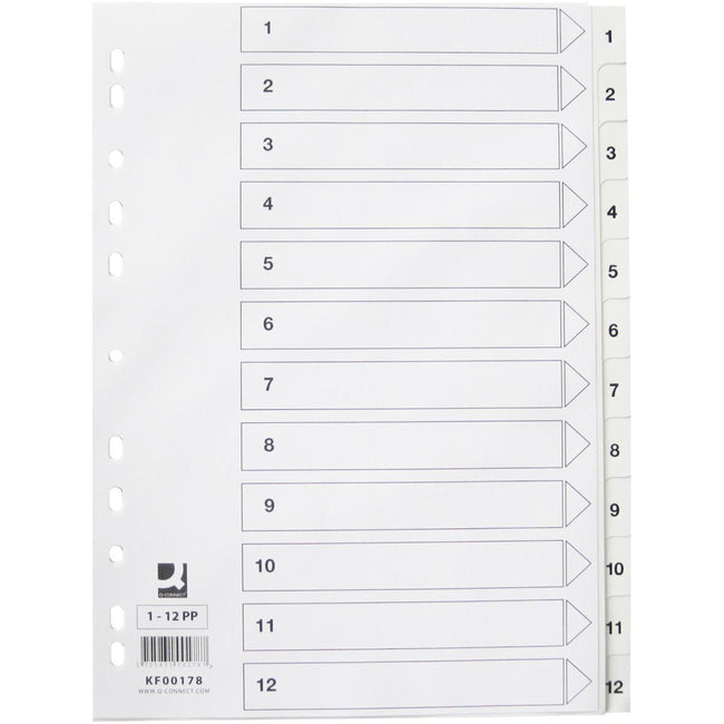 Q-CONNECT -   tabbladen, A4, PP, 11-gaatsperforatie, met indexblad, set van 1-12, wit