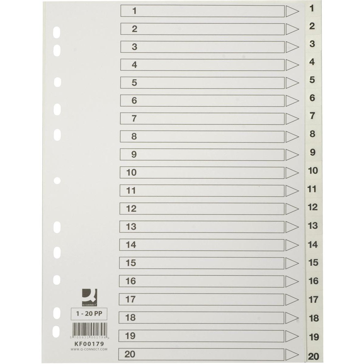 Q-CONNECT - pestañas, A4, PP, perforación de 11 orificios, con hoja índice, juego de 1-20, blanco