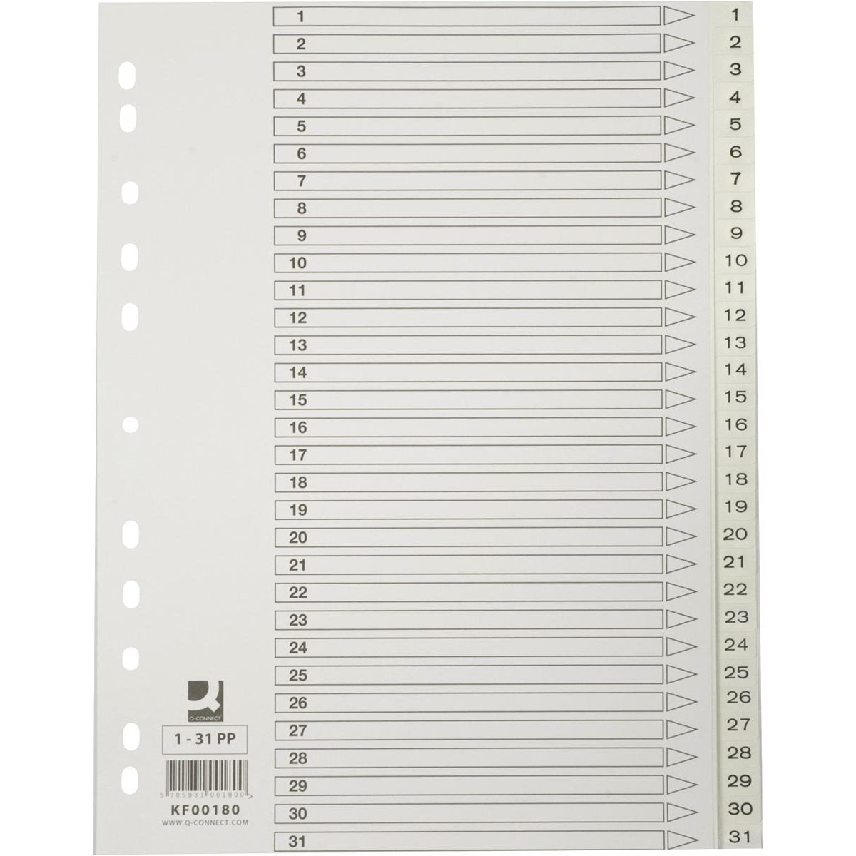 Q-CONNECT - inserti a rubrica, A4, PP, perforazione a 11 fori, con indice, set da 1-31, bianco