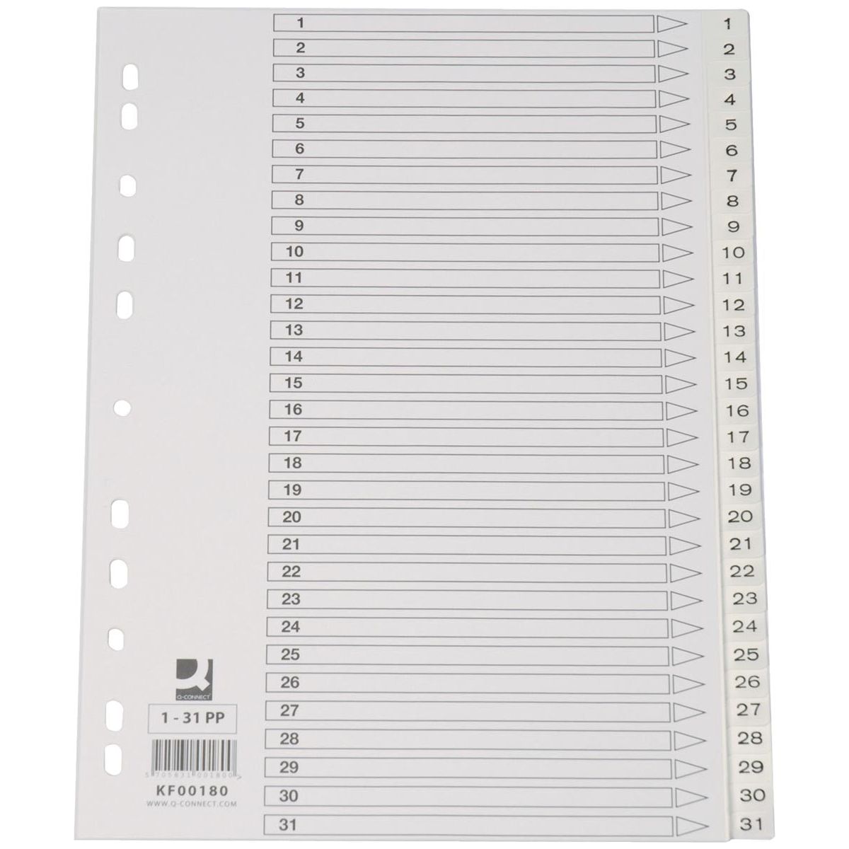 Q-connect-q-Connect-Registerkarten, A4, PP, 11-Gas-Spressforation, mit Indexblatt, Set von 1-31, weiß