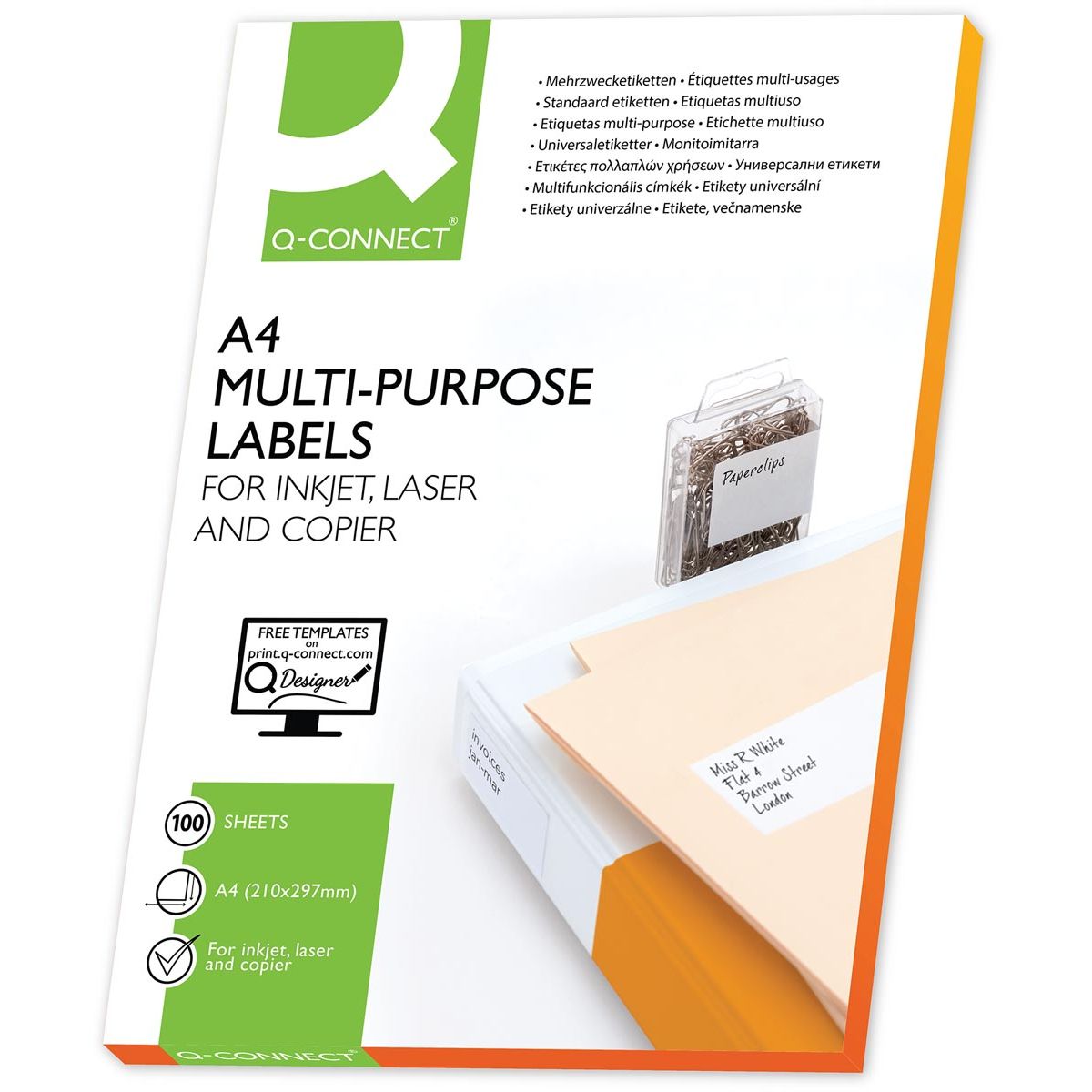 Q-CONNECT - labels, white, round corners, 99.1 x 67.7 mm, 100 sheets, 8 labels per sheet