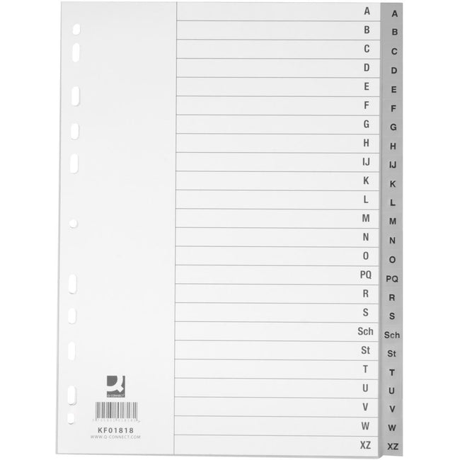 Q-CONNECT -   tabbladen, A4, PP, 4-gaatsperforatie, met indexblad, set van A-Z, 24 tabs, grijs