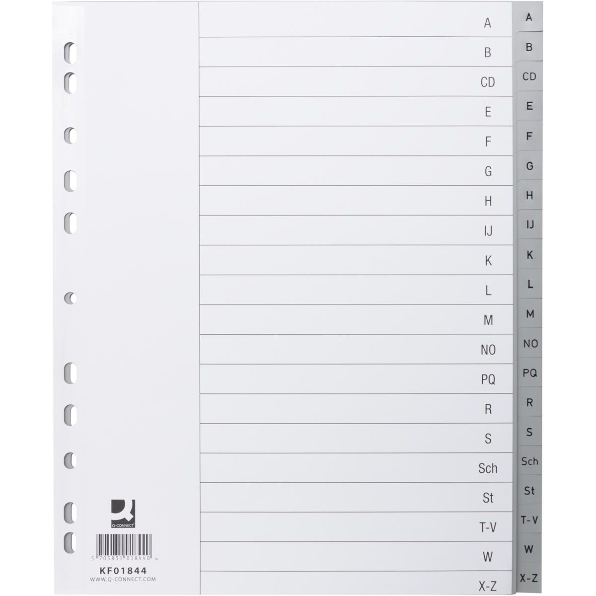 Q-CONNECT -   tabbladen, A4, PP, 11-gaatsperforatie, set van A-Z, 20 tabs, grijs