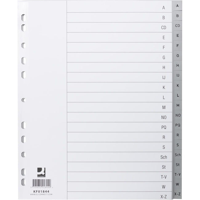 Q-CONNECT -   tabbladen, A4, PP, 11-gaatsperforatie, set van A-Z, 20 tabs, grijs