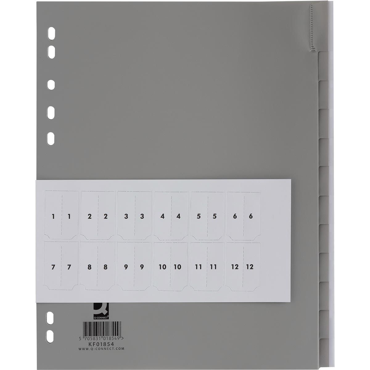 Q-CONNECT - tabs, A4, PP, 11-hole perforation, 12 tabs, gray