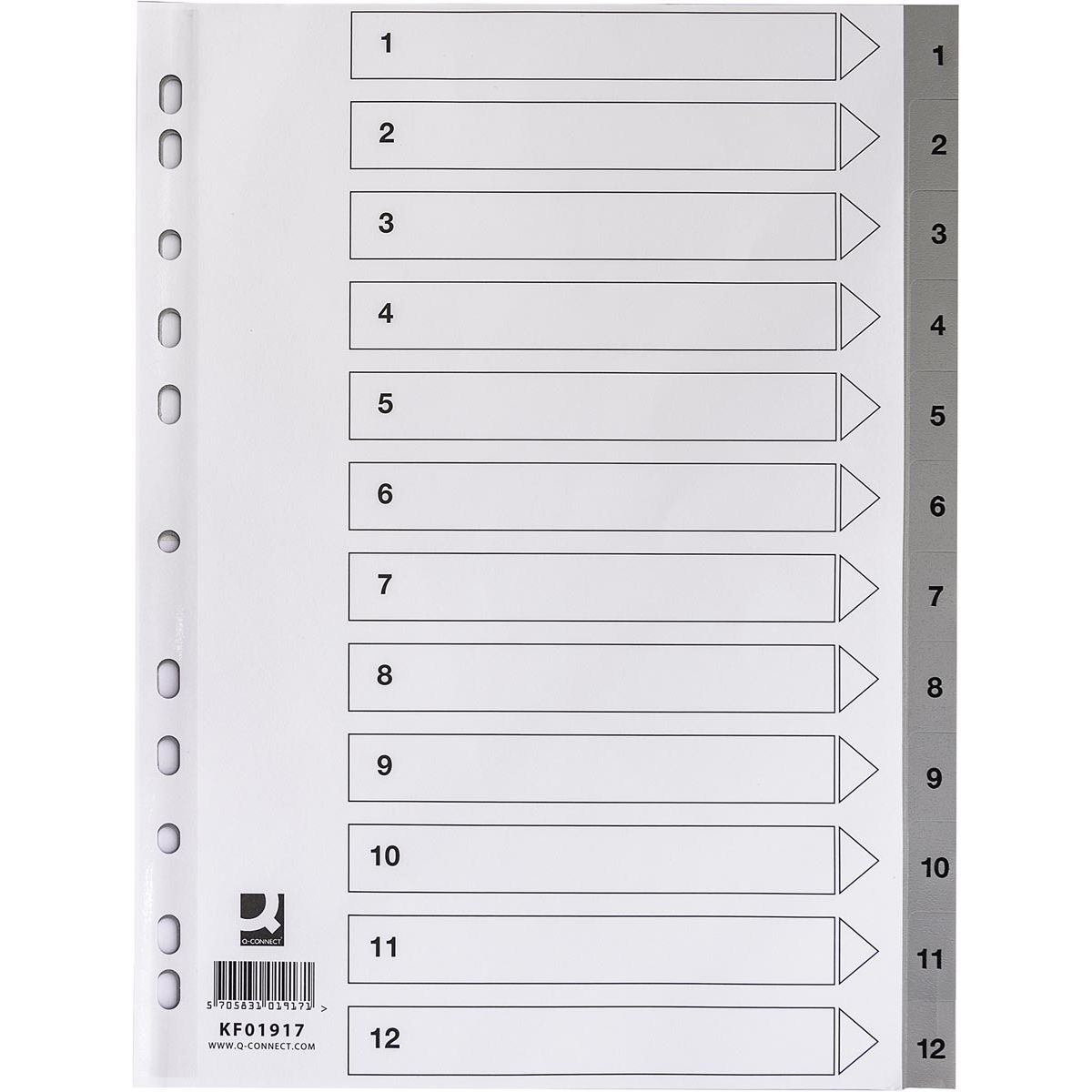 Q-CONNECT - onglets, A4, PP, perforation 11 trous, avec feuille d'index, jeu de 1-12, gris