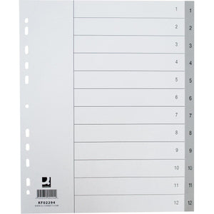 Q-CONNECT - onglets, A4, PP, perforation 11 trous, avec feuille d'index, jeu de 1-12, 12 onglets, gris