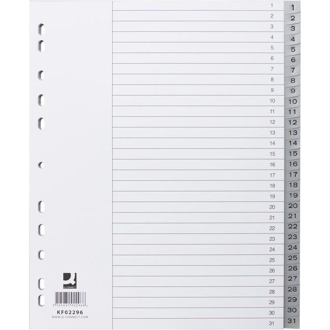 Q-CONNECT - tabs, A4, PP, 11-hole perforation, with index sheet, set of 1-31, 31 tabs, gray