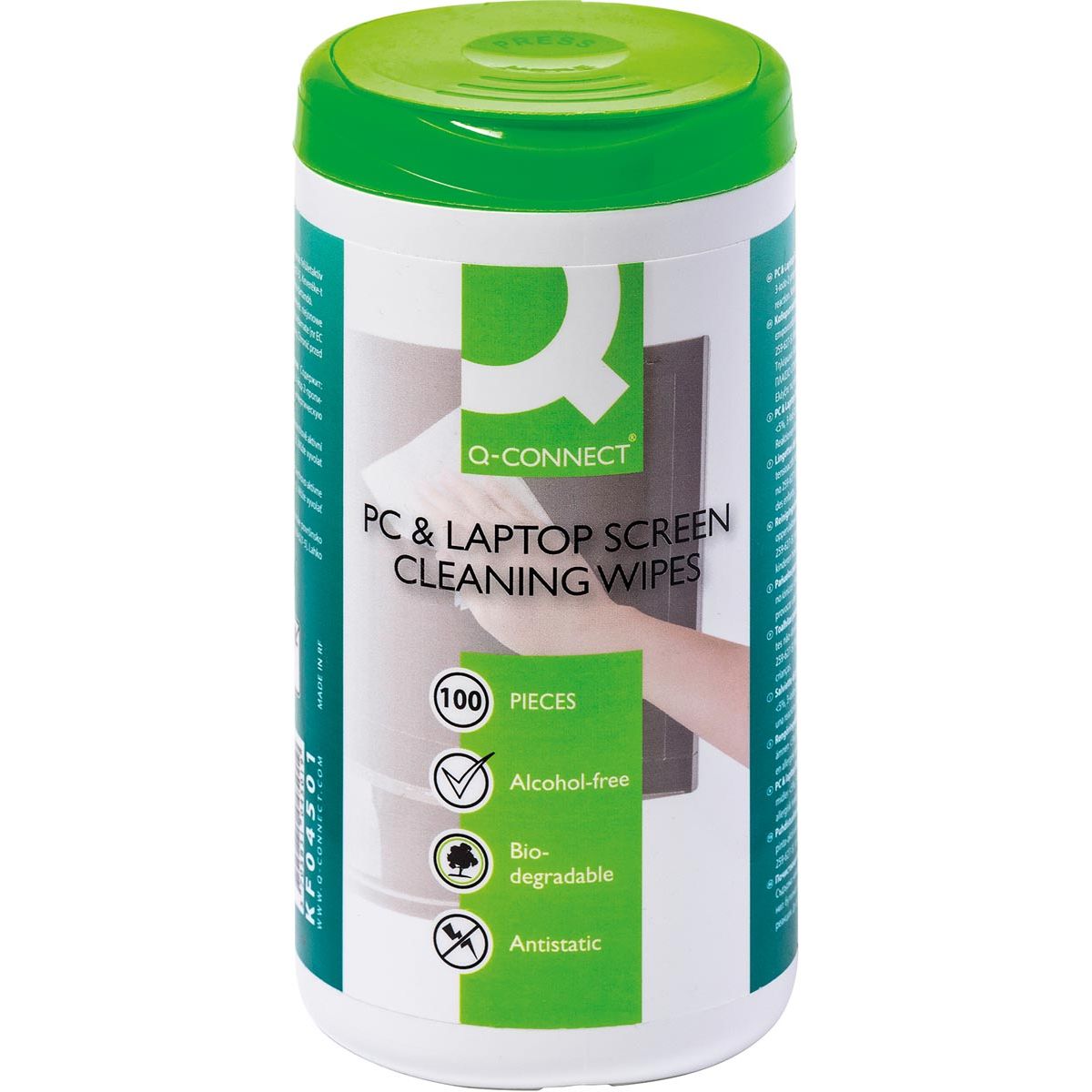 Q-CONNECT - salviette detergenti per schermi PC e notebook, confezione da 100 salviette antistatiche