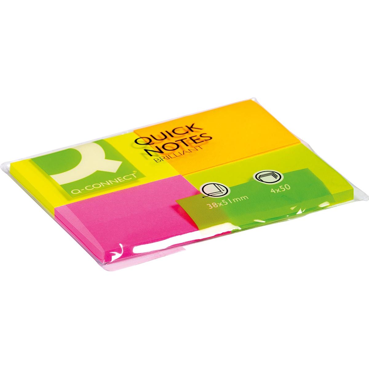 Q-CONNECT - Q-CONNECT Quick Notes, ft 38 x 51 mm, 50 vel, pak van 4 blokken in neonkleuren