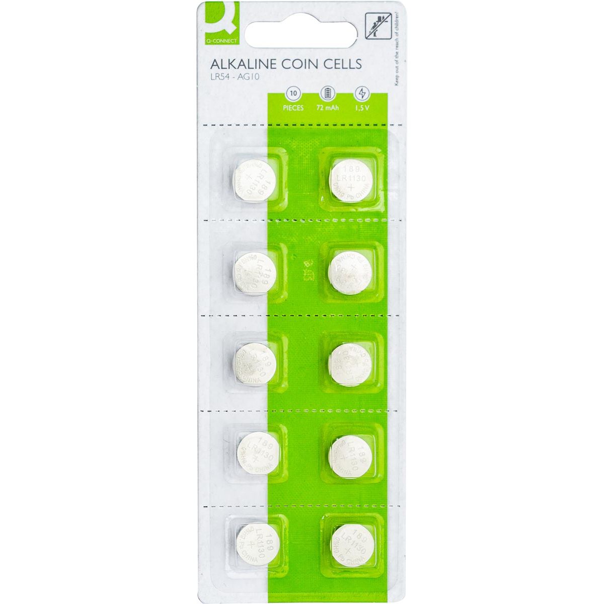 Q-CONNECT -   knoopcel, alkaline, LR54, blister van 10 stuks