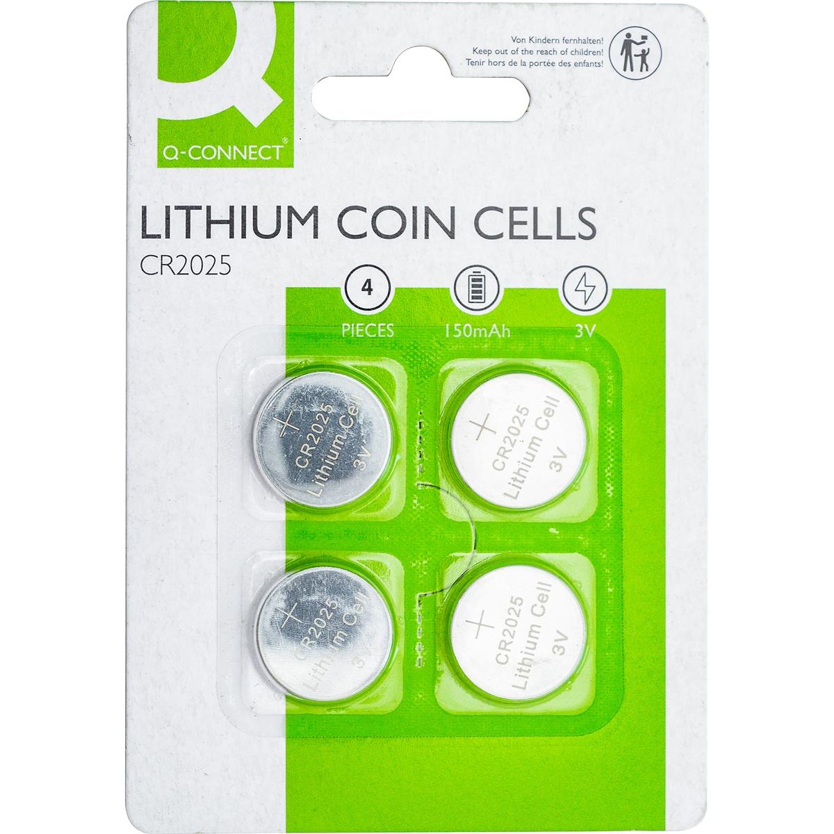 Q-CONNECT -   knoopcel, lithium, CR2025, blister van 4 stuks