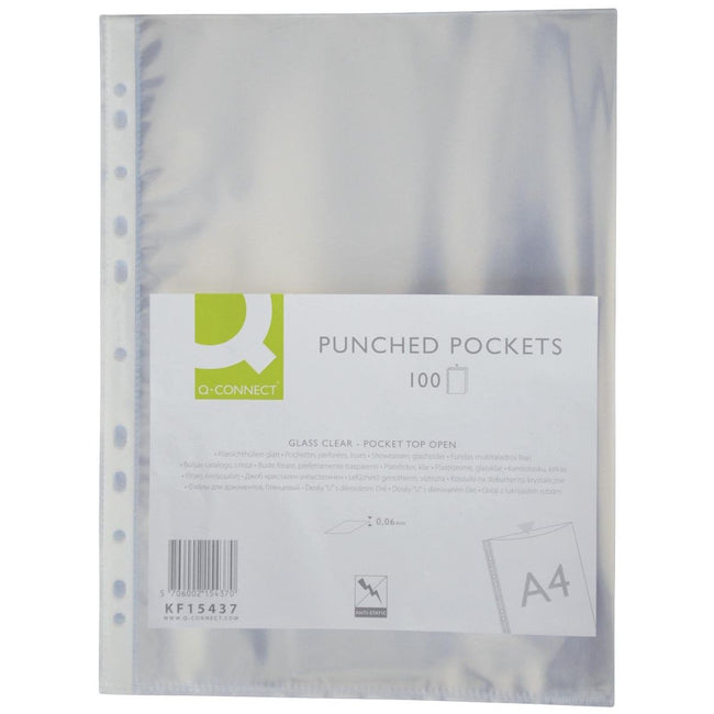 Q-CONNECT - Bolsa de presentación perforada Perforación de 11 orificios, transparente como el cristal, 60 micras, paquete de 100 piezas