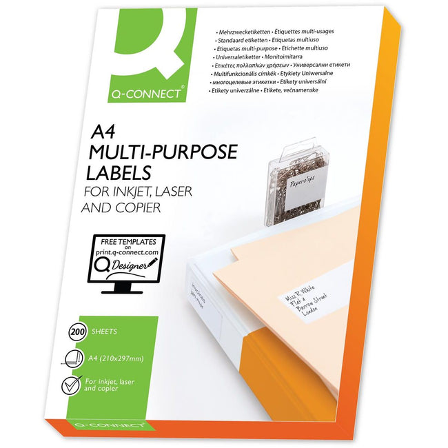 Q-CONNECT -   etiketten, wit, rechte hoeken, 210 x 297 mm, 200 vel, 1 etiket per vel
