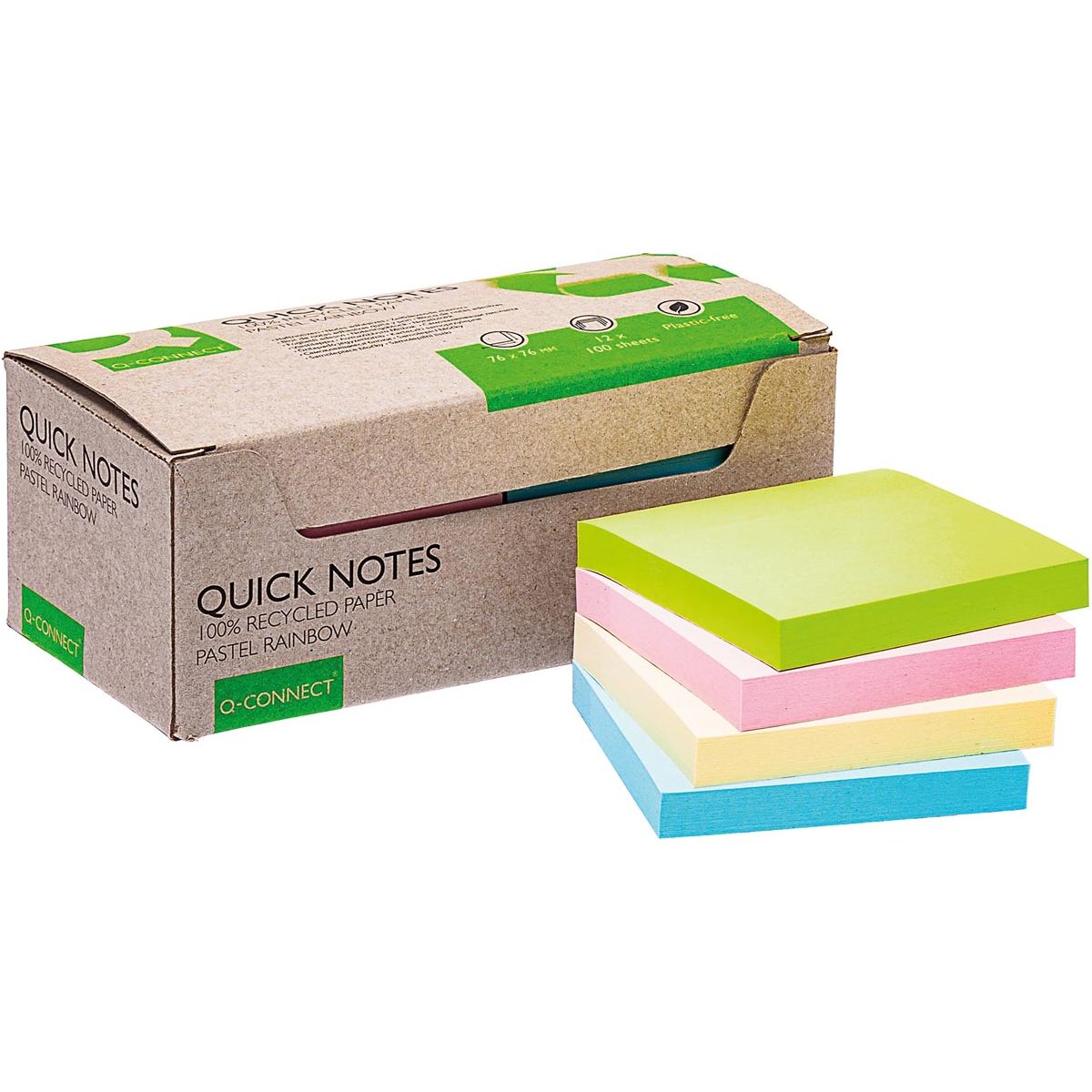 Q-CONNECT - Q-CONNECT Quick Notes Recycled pastel, ft 76 x 76 mm, 100 vel, doos van 12 stuks in geassorteerde kleuren