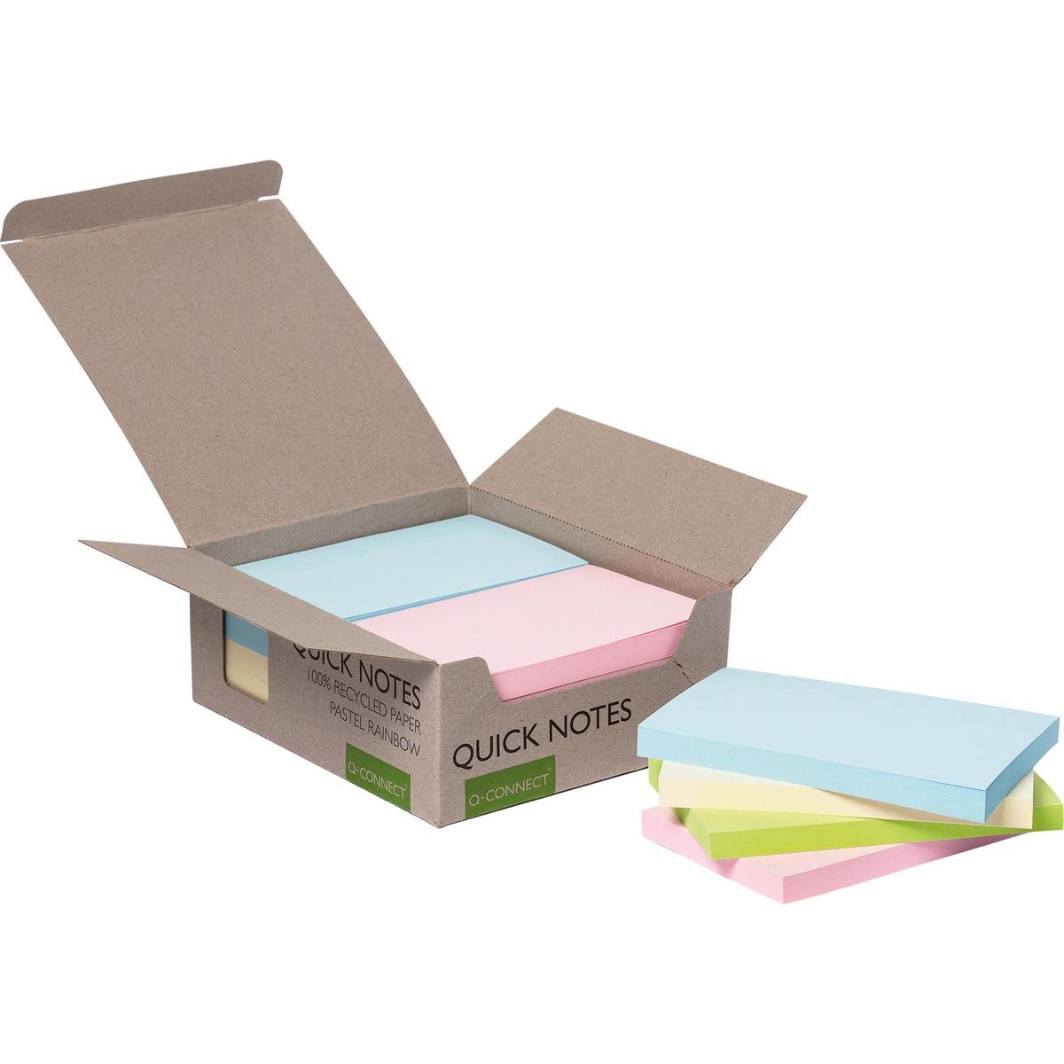 Q-CONNECT -  Quick Notes Recycled pastel, ft 76 x 127 mm, 100 vel, doos van 12 stuks in geassorteerde kleure