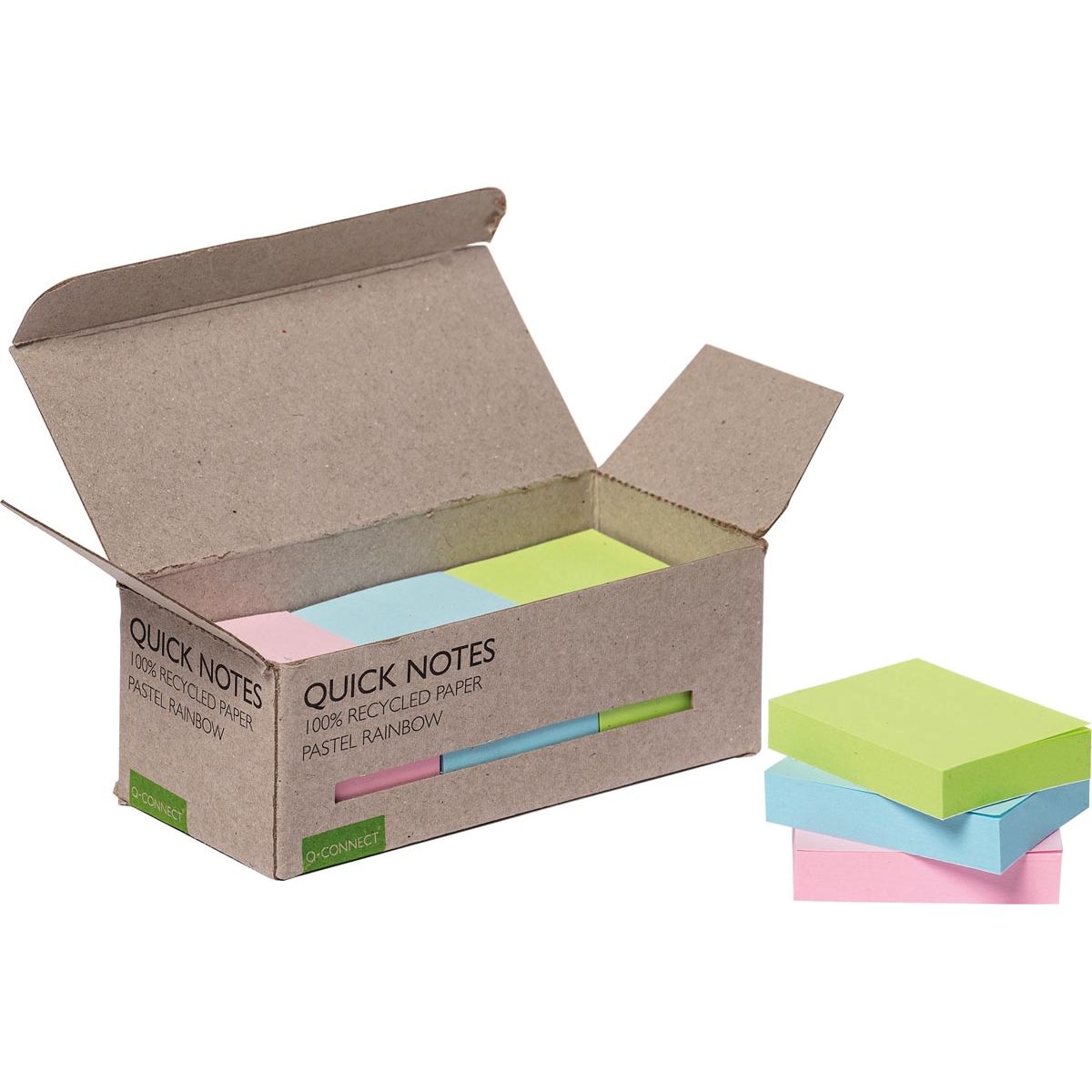 Q-CONNECT - Q-CONNECT Quick Notes Recycled pastel, ft 38 x 51 mm, 100 vel, doos van 12 stuks in geassorteerde kleuren