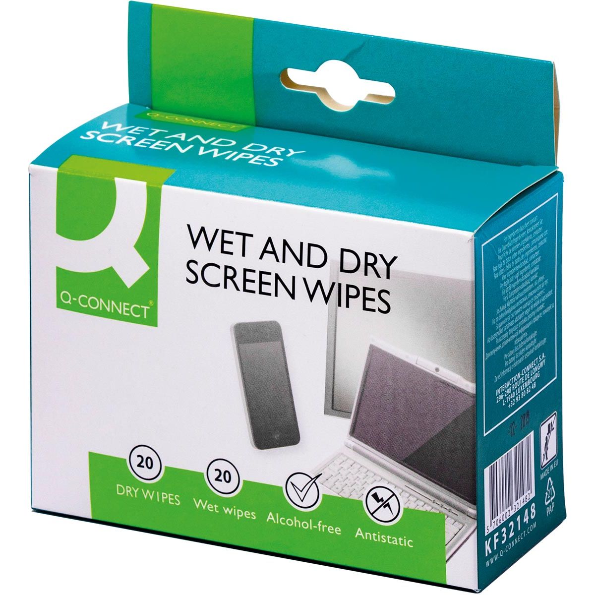 Q-CONNECT -   Wet Dry beeldschermreinigingsdoekjes, doos van 20 paar (1 Wet en 1 Dry)