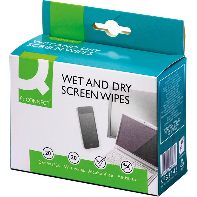 Q-CONNECT - Wet Dry screen cleaning wipes, box of 20 pairs (1 Wet and 1 Dry)