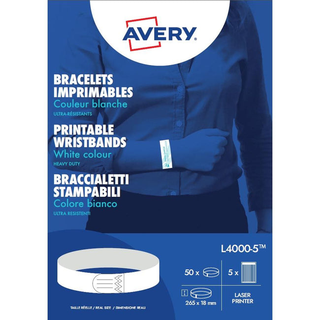 Avery - bracelets imprimables, ft 18 x 265 mm, blanc, paquet de 50 étiquettes