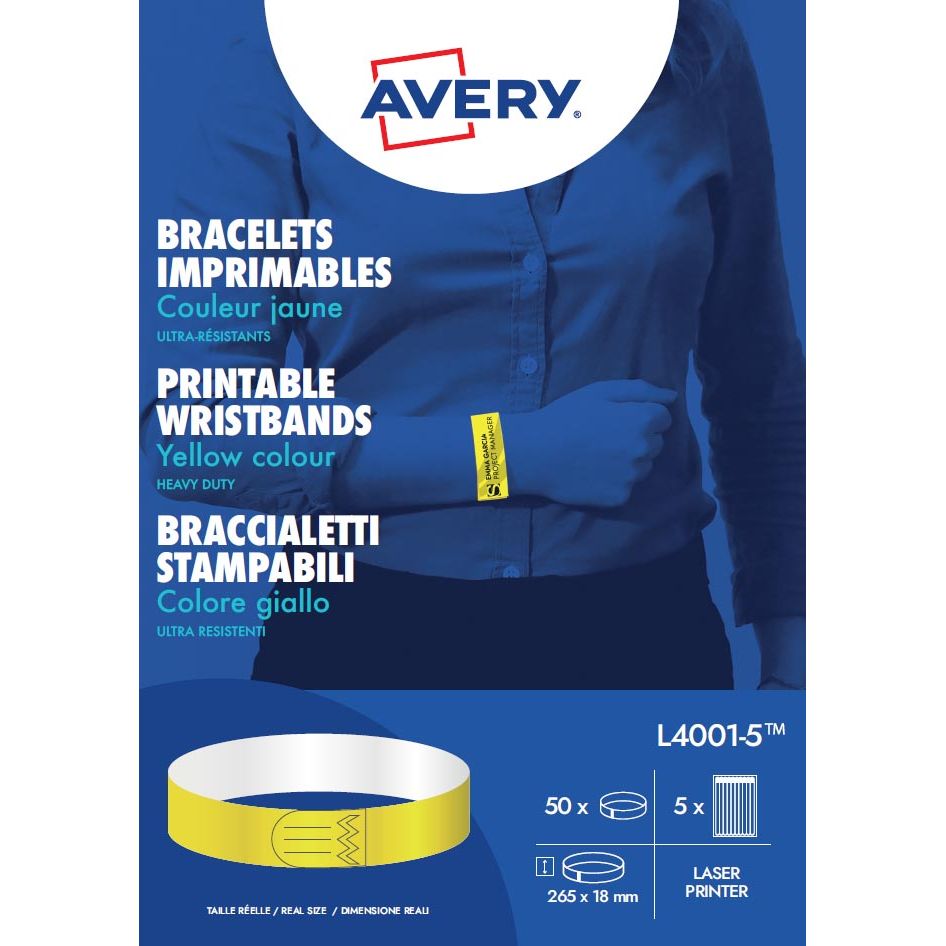Avery - bracelets imprimables, ft 18 x 265 mm, jaune, paquet de 50 étiquettes