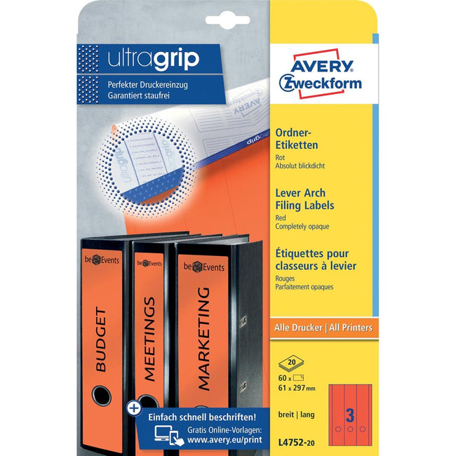 Avery Zweckform -  Zweckform L4752-20 ordnerrugetiketten ft 29,7 x 6,1 cm (b x h), 60 etiketten, rood