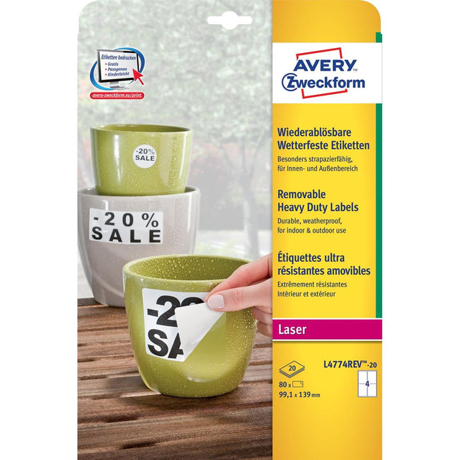 Avery Zweckform -  afneembare weerbestendige etiketten Ft 99,1 x 139 mm (b x h), wit, doos van 80 etiketten