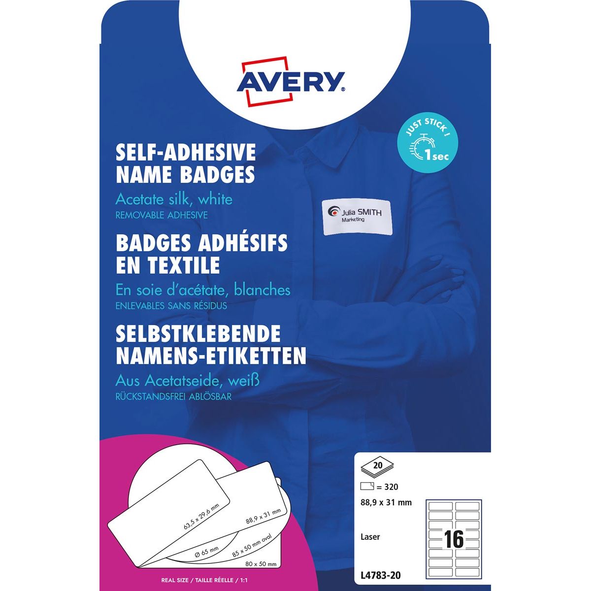 Avery Zweckform - Insignia autoadhesiva AVERY pies 88,9 x 31 mm, caja de 320 piezas, blanco