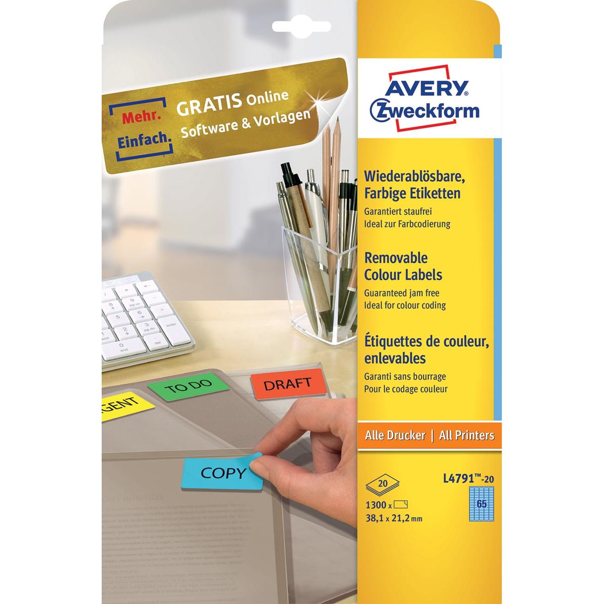 Avery Zweckform - colored labels ft 38.1 x 21.2 mm (w x h), removable, blue, 1300 pieces, 65 per sheet
