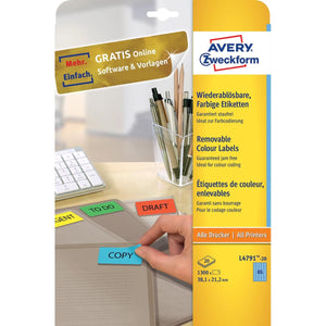 Avery Zweckform – farbige Etiketten ft 38,1 x 21,2 mm (B x H), ablösbar, blau, 1300 Stück, 65 pro Blatt