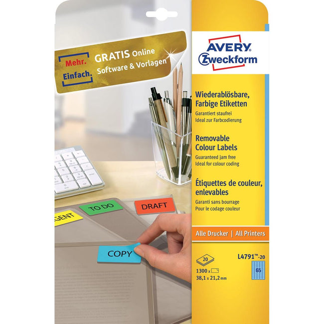Avery Zweckform - colored labels ft 38.1 x 21.2 mm (w x h), removable, blue, 1300 pieces, 65 per sheet